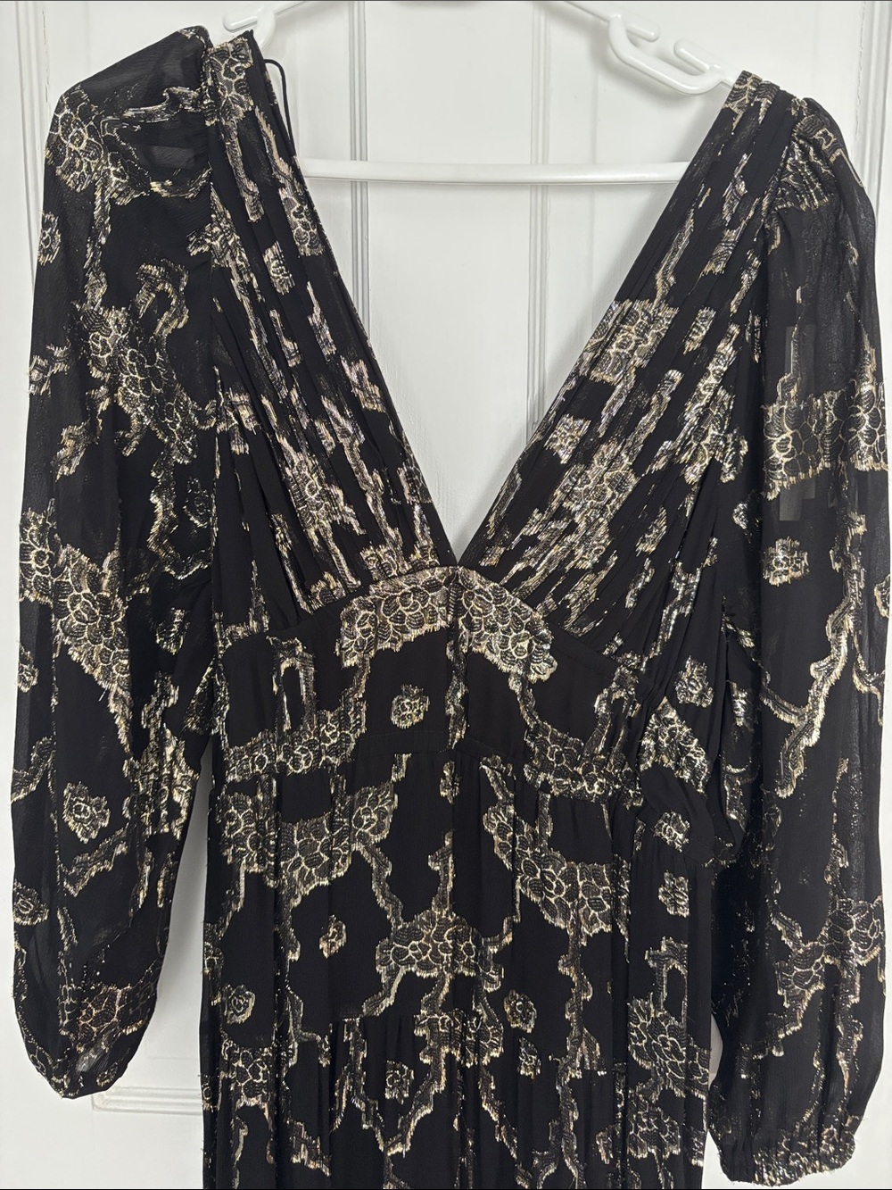 Ba&sh Dina dress. Black and Gold V-Neck Long Sleeve Maxi Dress - Picture 4 of 7